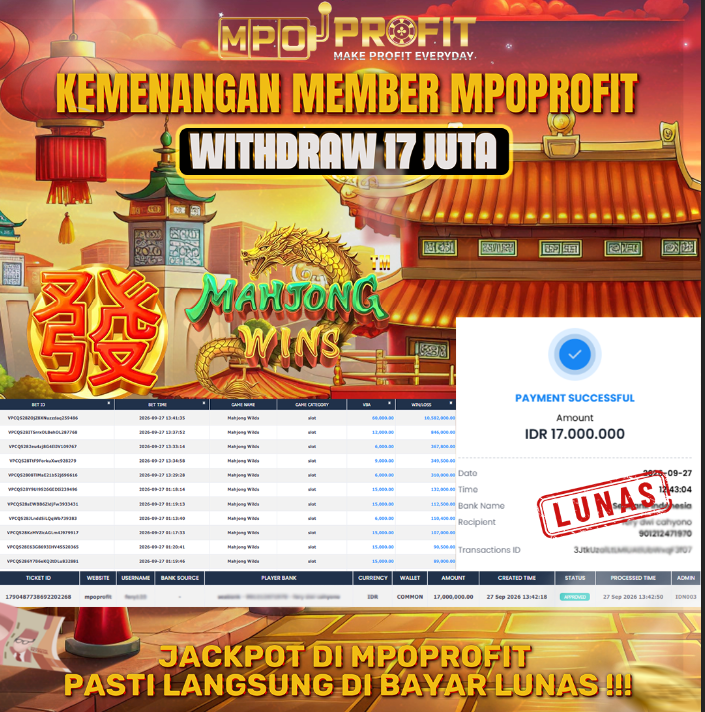 MPOPROFIT JACKPOT PRAGMATIC PLAY! KEMENANGAN MURNI DI (MAHJONG WINS  TOTAL 17.000.000,- LUNAS)